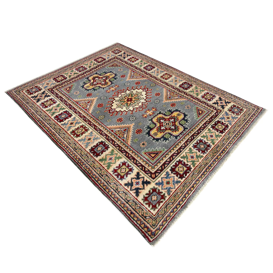Blue Afghan Kazak Rug 3' 2" x 4' 5" Hand-Knotted | No. AL36132