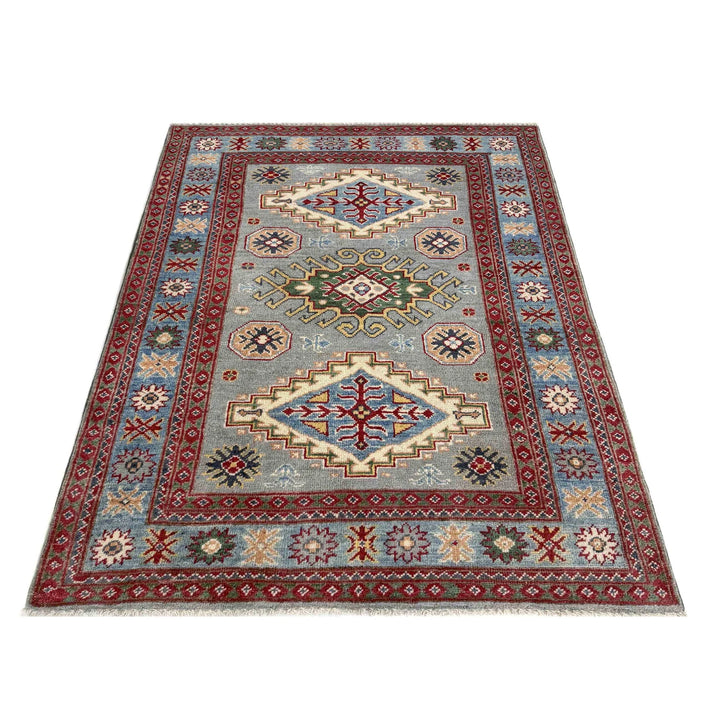 Gray Afghan Kazak Rug 3' 3" x 4' 9" Hand-Knotted | No. AL36182