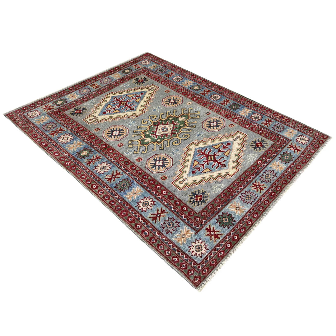 Gray Afghan Kazak Rug 3' 3" x 4' 9" Hand-Knotted | No. AL36182