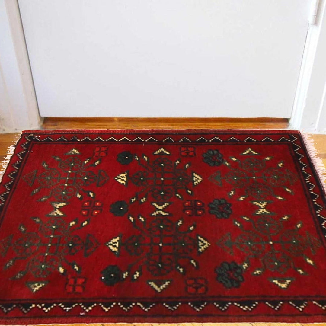 Red Afghan Oriental Doormat 1' 4" x 2' 0" Hand-Knotted | No. AL36261