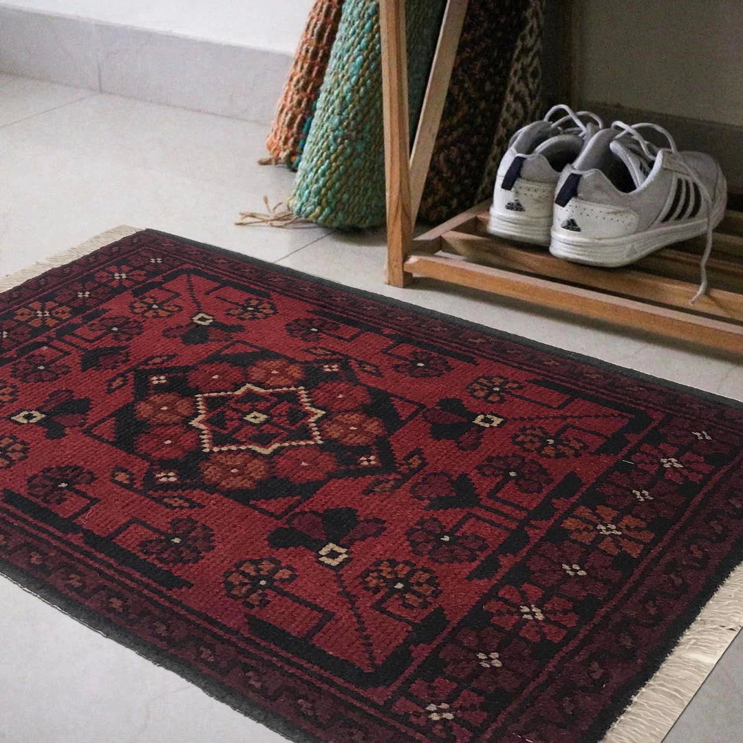Red Afghan Oriental Doormat 1' 5" x 2' 0" Hand-Knotted | No. AL36388
