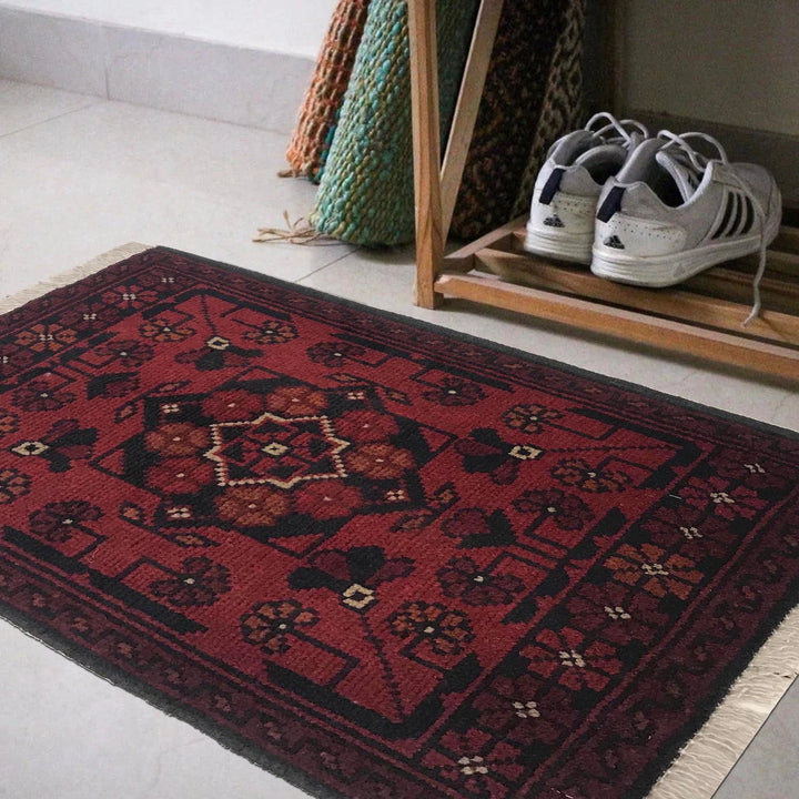 Red Afghan Oriental Doormat 1' 5" x 2' 0" Hand-Knotted | No. AL36388