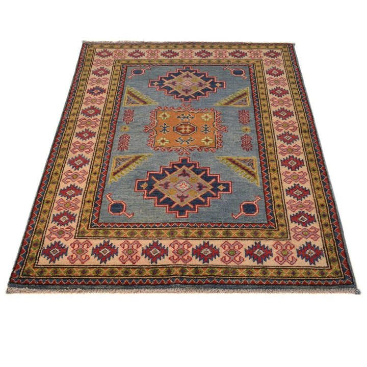 Blue Afghan Kazak Rug 4' 0" x 4' 10" Hand-Knotted | No. AL36396