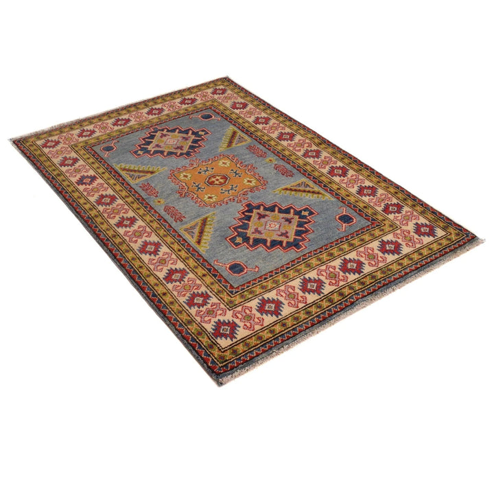 Blue Afghan Kazak Rug 4' 0" x 4' 10" Hand-Knotted | No. AL36396