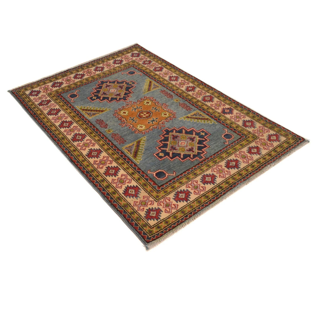 Blue Afghan Kazak Rug 4' 0" x 4' 10" Hand-Knotted | No. AL36396