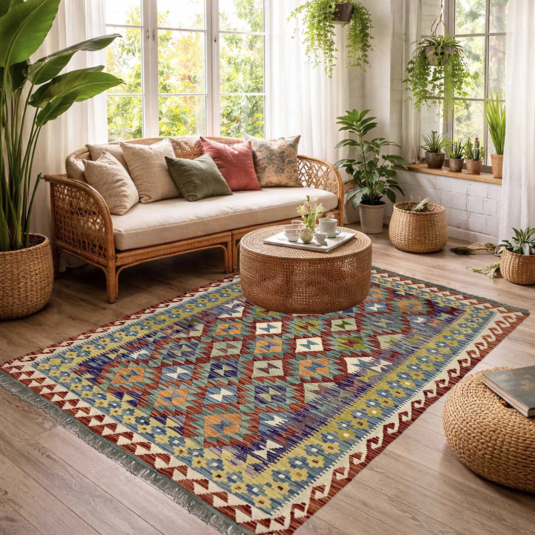 Afghan Kilim Rug 4' 9" x 6' 8" Flat-Weave | No. AL36476