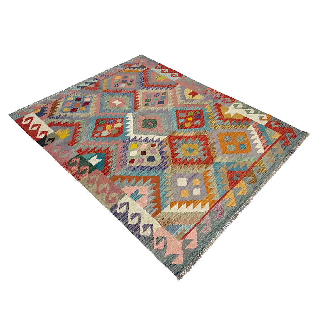 Afghan Vegetable Kilim Rug 4' 11" x 6' 8" Flat-Weave | No. AL364790