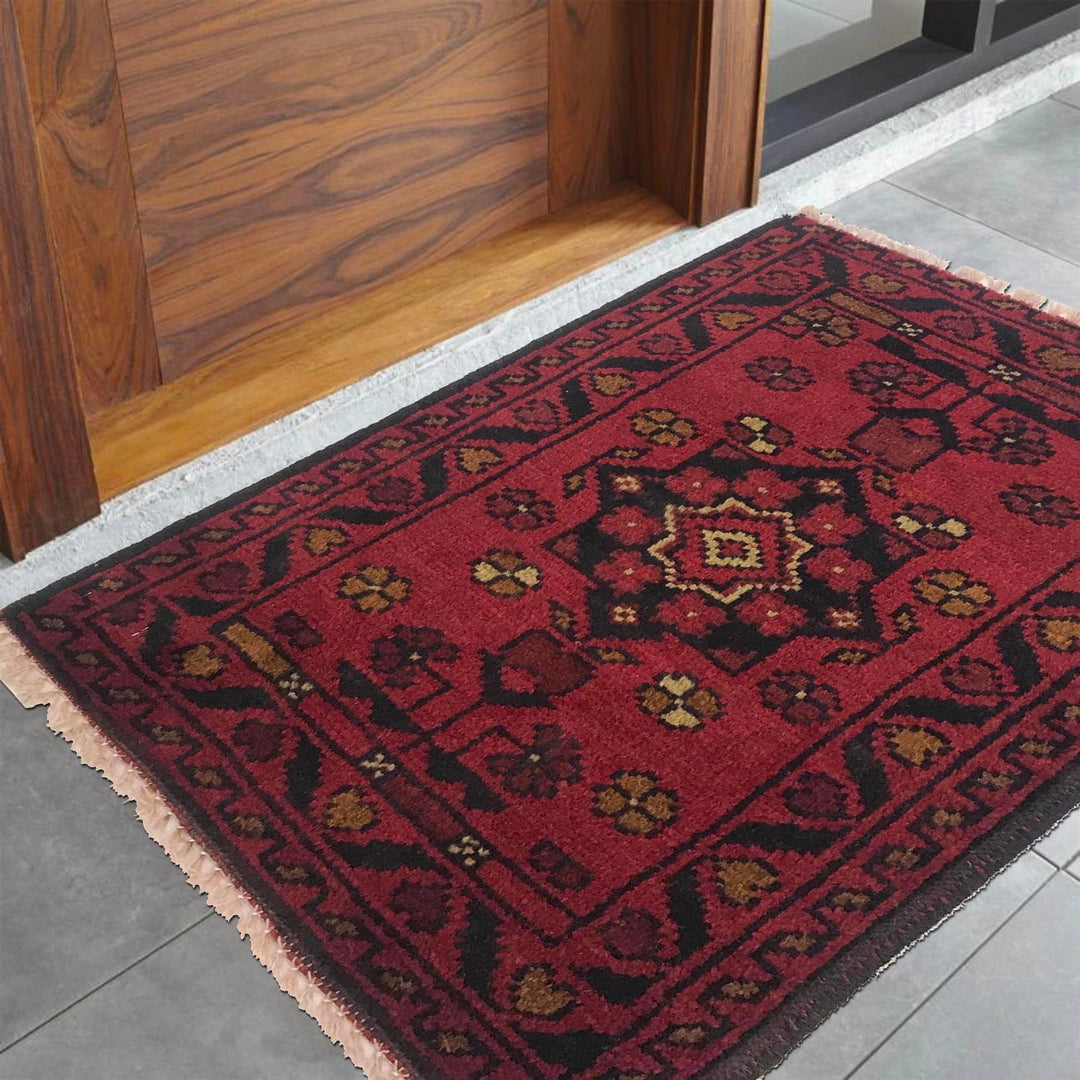 Red Afghan Oriental Doormat 1' 5" x 1' 11" Hand-Knotted | No. AL36479