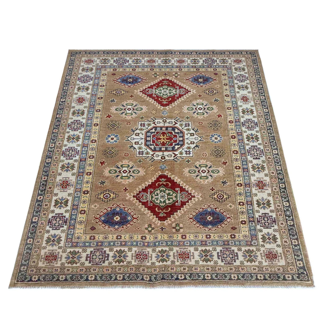 Orange Afghan Kazak Rug 4' 11" x 7' 1" Hand-Knotted | No. AL366236