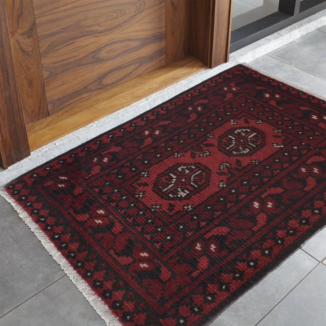 Red Afghan Oriental Doormat 1' 7" x 2' 6" Hand-Knotted | No. AL36666