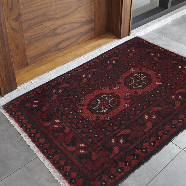 Red Afghan Oriental Doormat 1' 7" x 2' 6" Hand-Knotted | No. AL36666