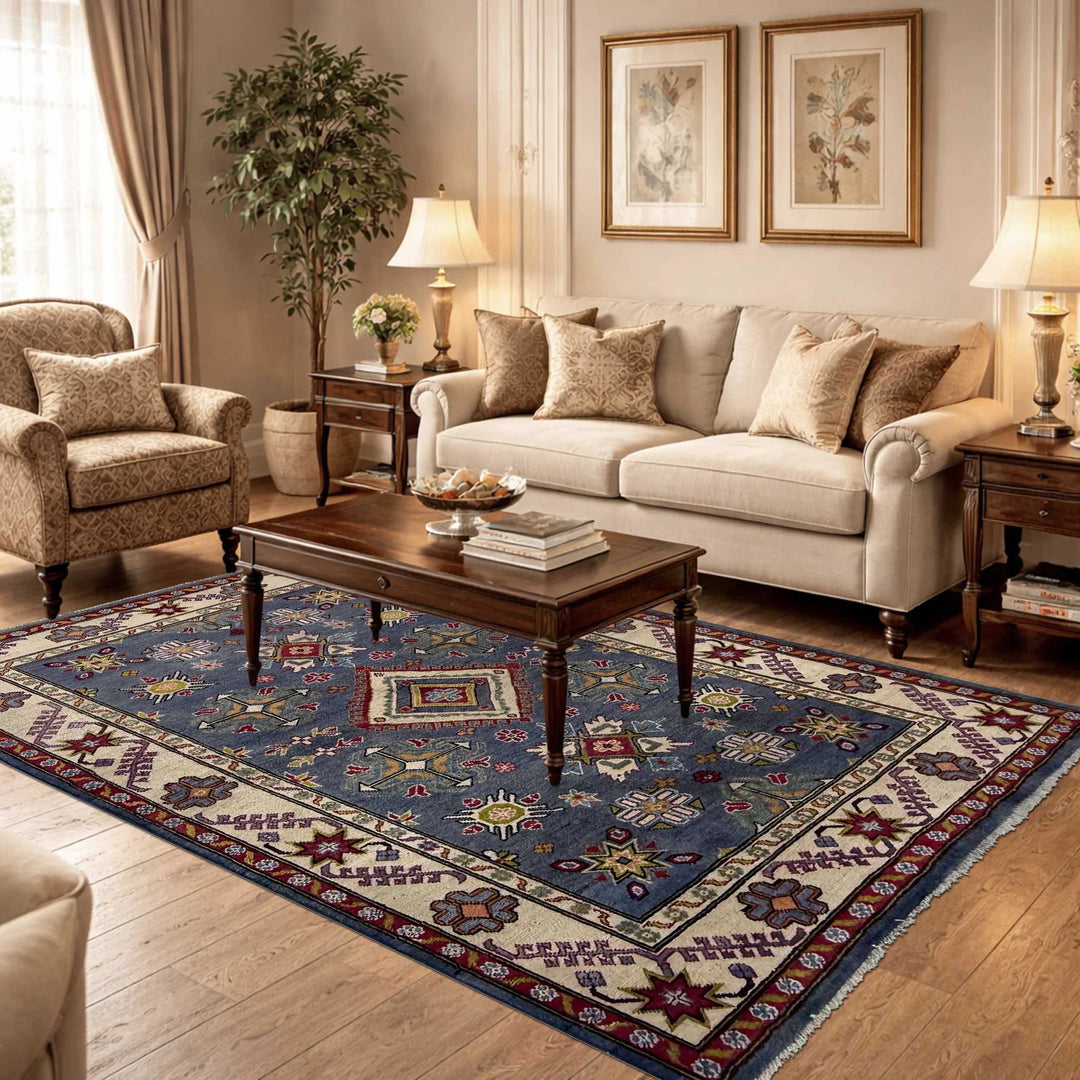 Blue Afghan Kazak Rug 4' 9" x 6' 11" Hand-Knotted | No. AL36770