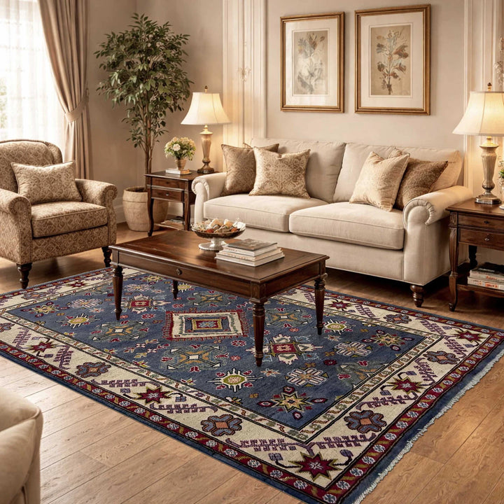 Blue Afghan Kazak Rug 4' 9" x 6' 11" Hand-Knotted | No. AL36770