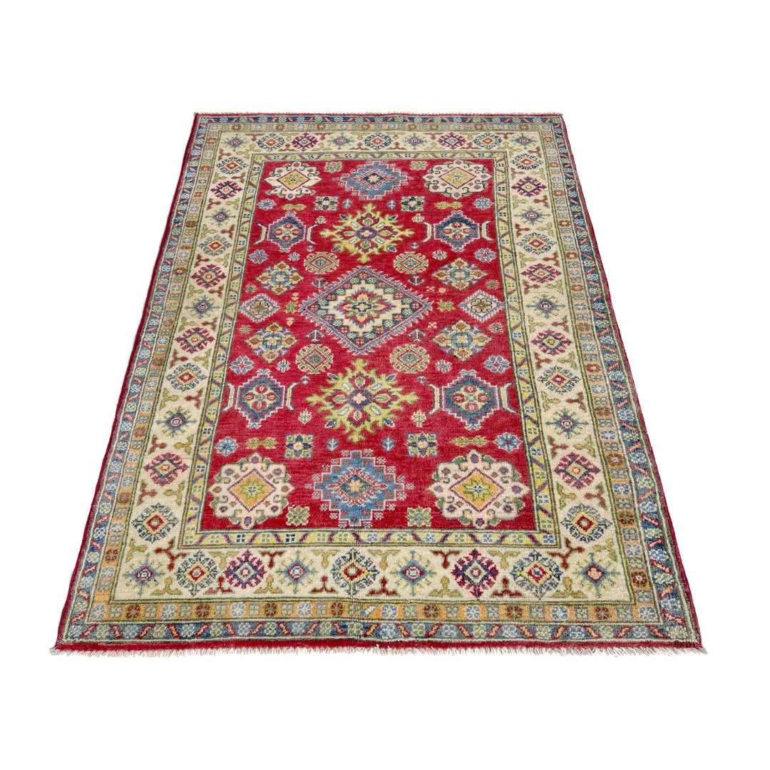 Red Afghan Kazak Rug 4' 2" x 5' 11" Hand-Knotted | No. AL36959