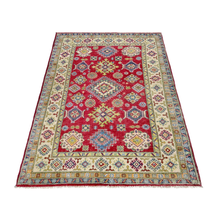 Red Afghan Kazak Rug 4' 2" x 5' 11" Hand-Knotted | No. AL36959
