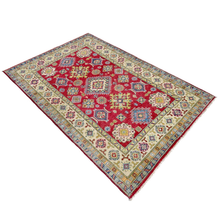 Red Afghan Kazak Rug 4' 2" x 5' 11" Hand-Knotted | No. AL36959