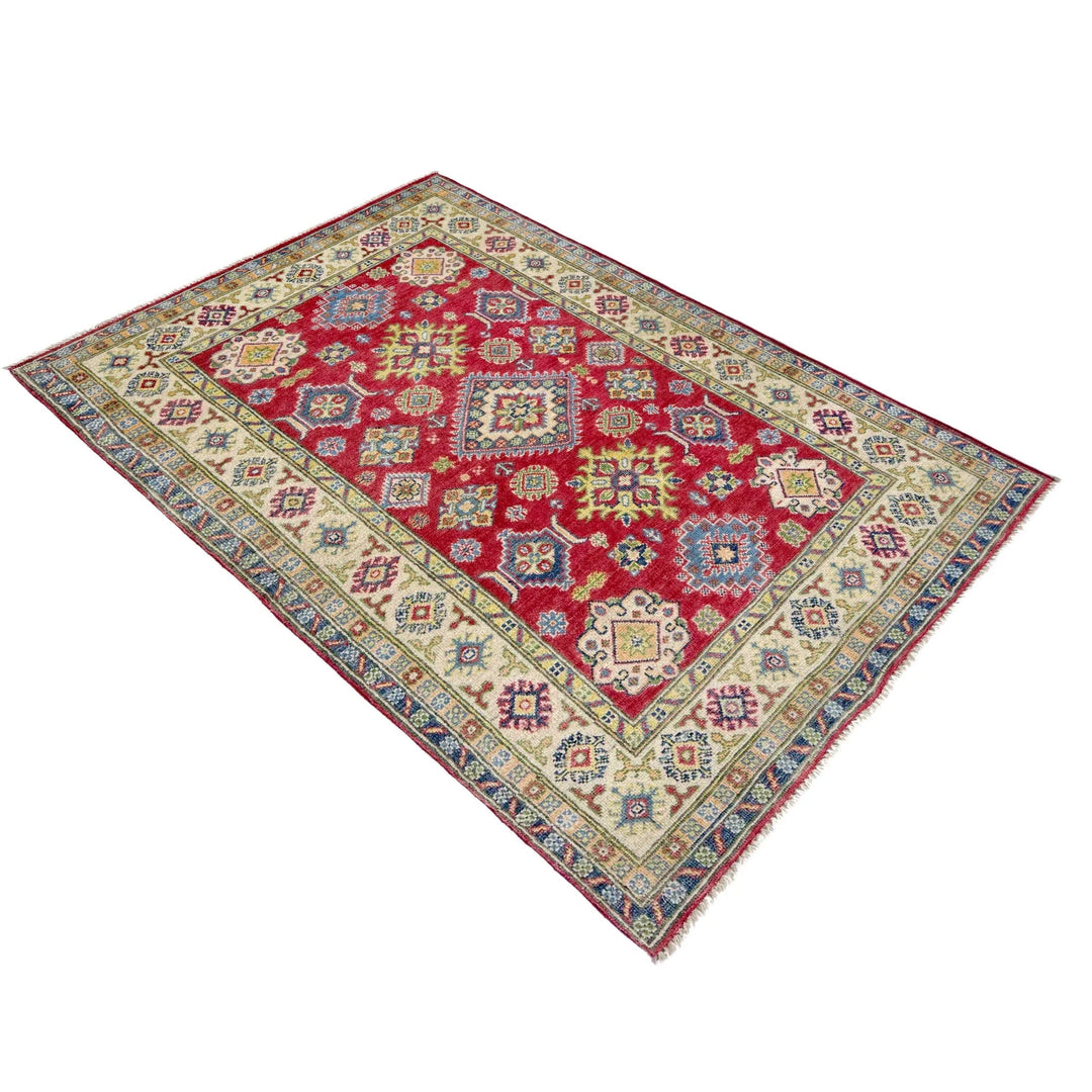 Red Afghan Kazak Rug 4' 2" x 5' 11" Hand-Knotted | No. AL36959