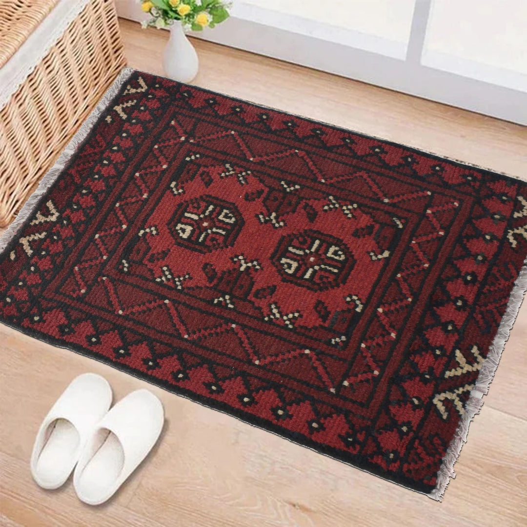 Red Afghan Oriental Doormat 1' 8" x 2' 3" Hand-Knotted | No. AL37053