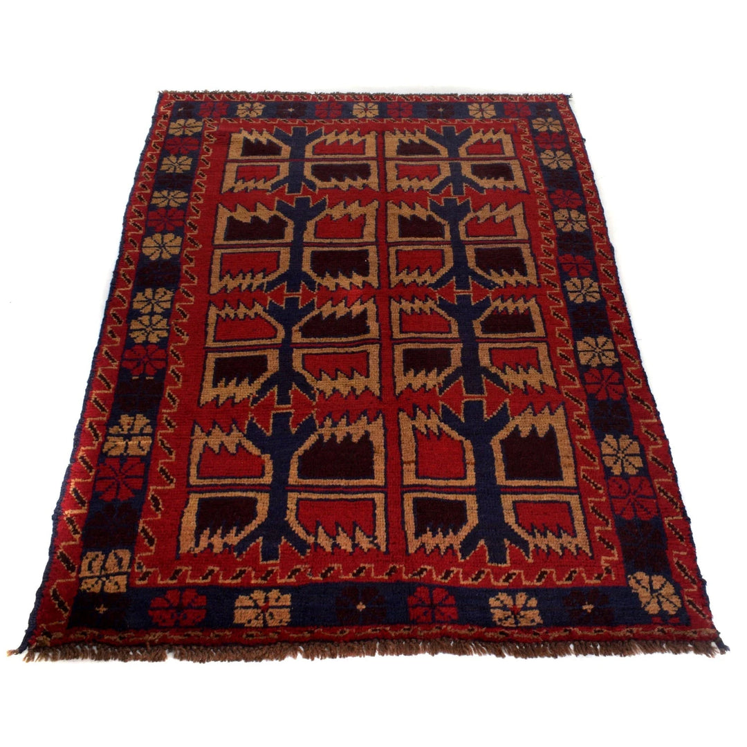 Red Afghan Baluchi Rug 3' 8" x 6' 1" Hand-Knotted | No. AL37226