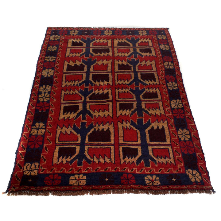 Red Afghan Baluchi Rug 3' 8" x 6' 1" Hand-Knotted | No. AL37226
