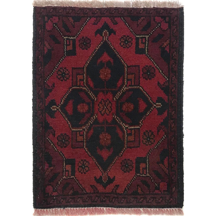 Red Afghan Oriental Doormat 1' 4" x 1' 10" Hand-Knotted | No. AL37271