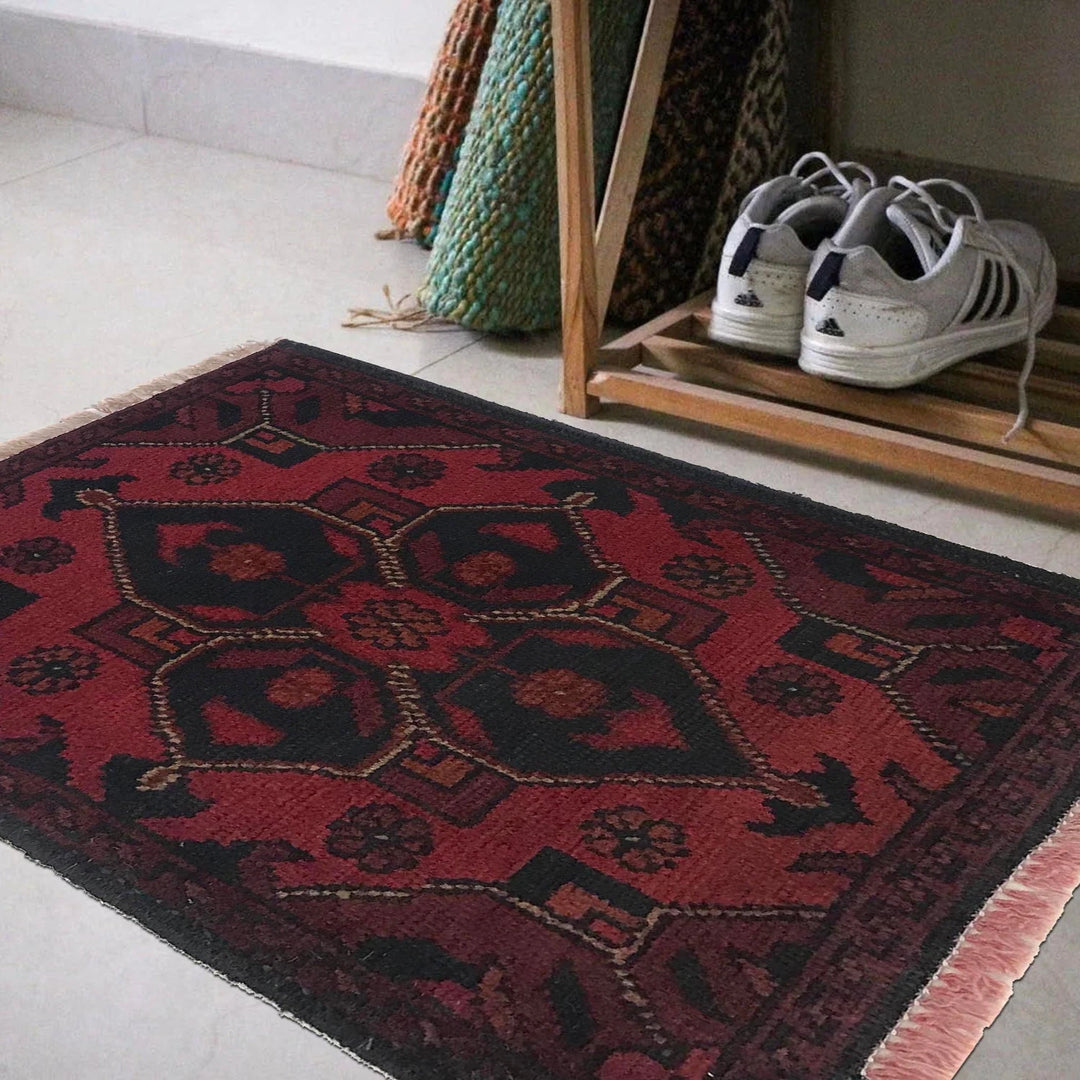 Red Afghan Oriental Doormat 1' 4" x 1' 10" Hand-Knotted | No. AL37271
