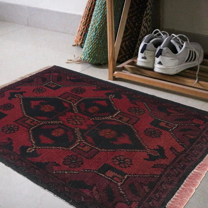 Red Afghan Oriental Doormat 1' 4" x 1' 10" Hand-Knotted | No. AL37271