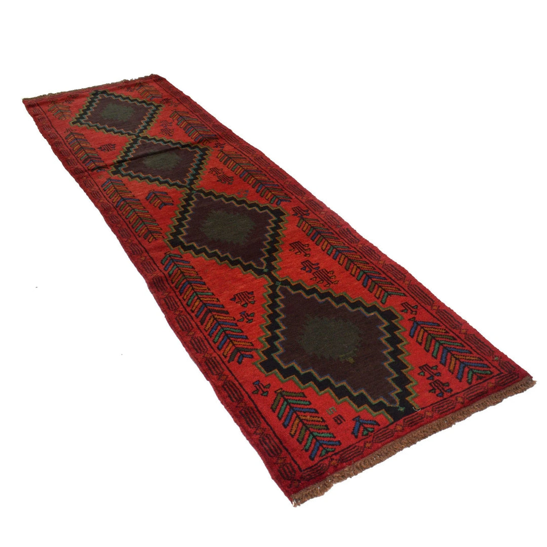 Red Afghan Baluchi Rug 2' 9" x 9' 9" Hand-Knotted | No. AL37405