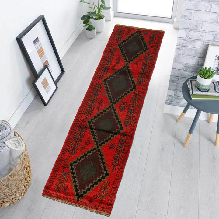 Red Afghan Baluchi Rug 2' 9" x 9' 9" Hand-Knotted | No. AL37405