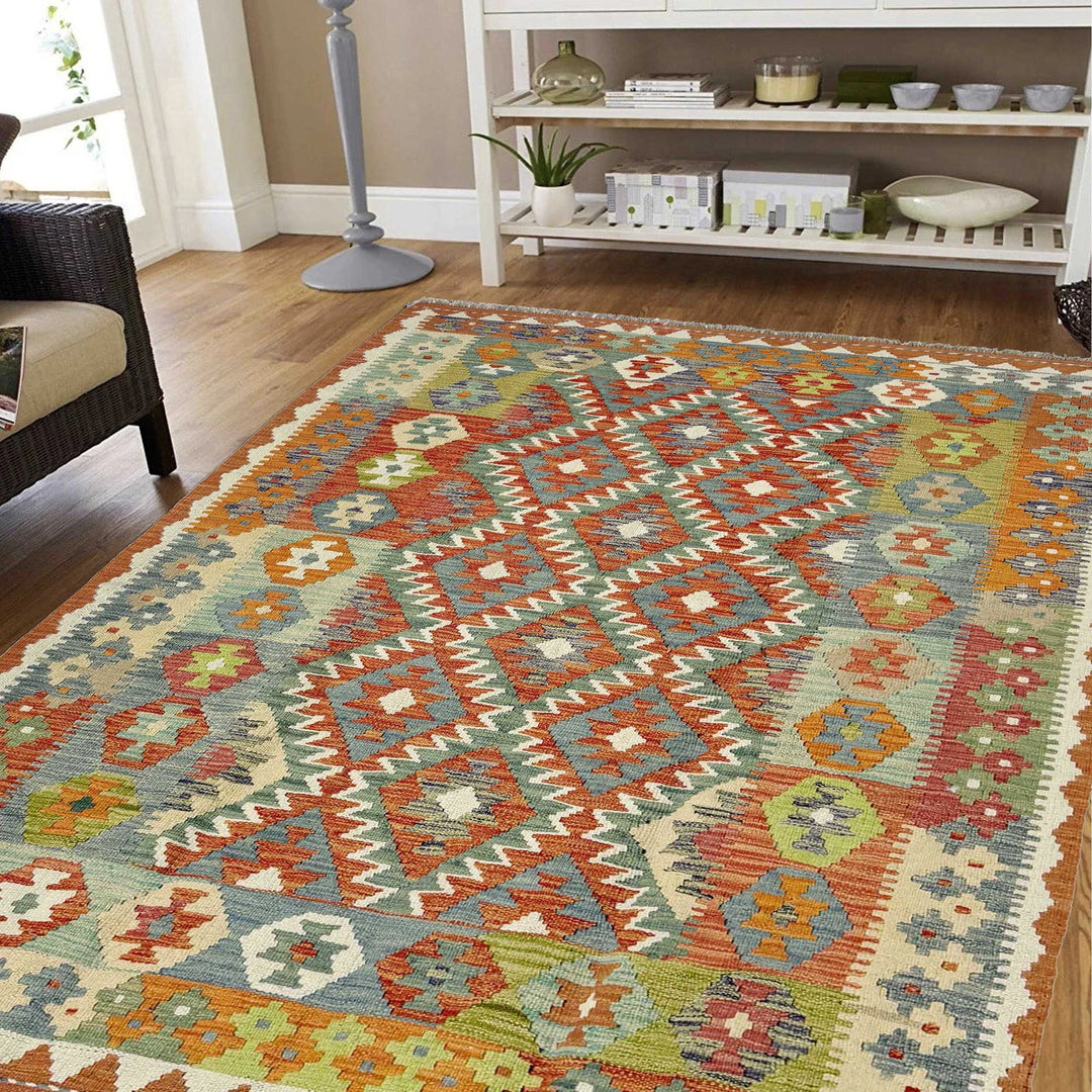 Afghan Vegetable Kilim Rug 5' 0" x 6' 6" Flat-Weave | No. AL374142