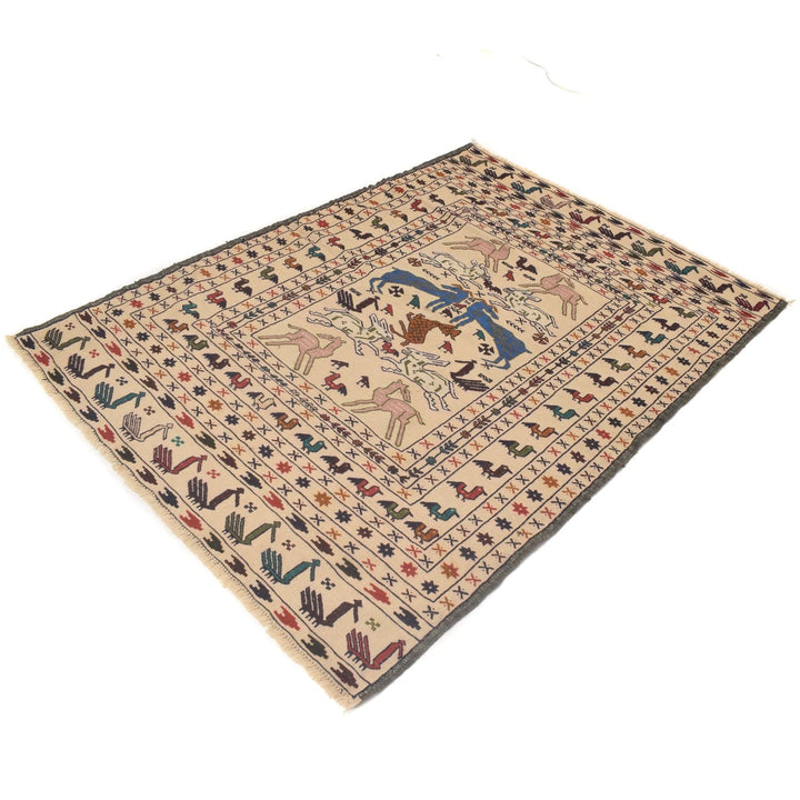 White Afghan Soumak Kilim Rug 4' 4" x 5' 9" Flat-Weave | No. AL37447