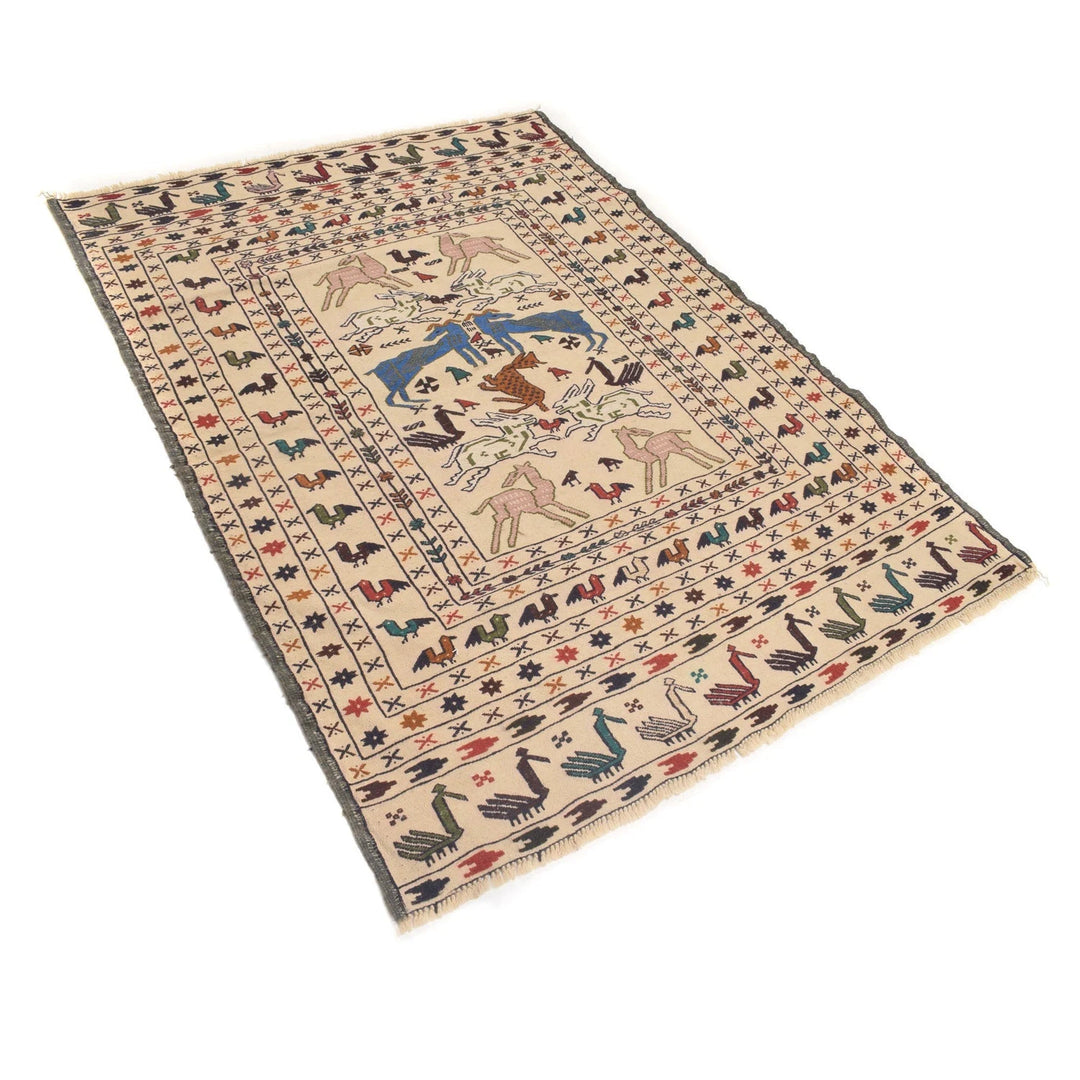 White Afghan Soumak Kilim Rug 4' 4" x 5' 9" Flat-Weave | No. AL37447