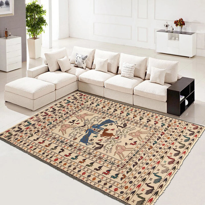 White Afghan Soumak Kilim Rug 4' 4" x 5' 9" Flat-Weave | No. AL37447