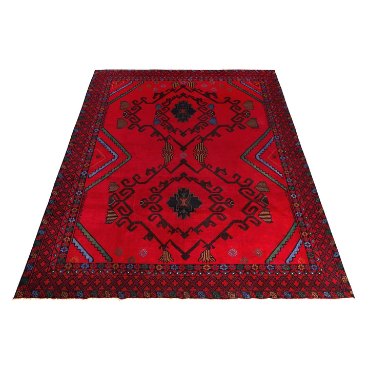Red Afghan Baluchi Rug 8' 8" x 11' 4" Hand-Knotted | No. AL37495