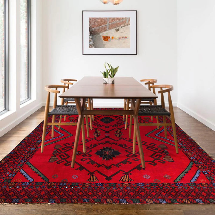 Red Afghan Baluchi Rug 8' 8" x 11' 4" Hand-Knotted | No. AL37495
