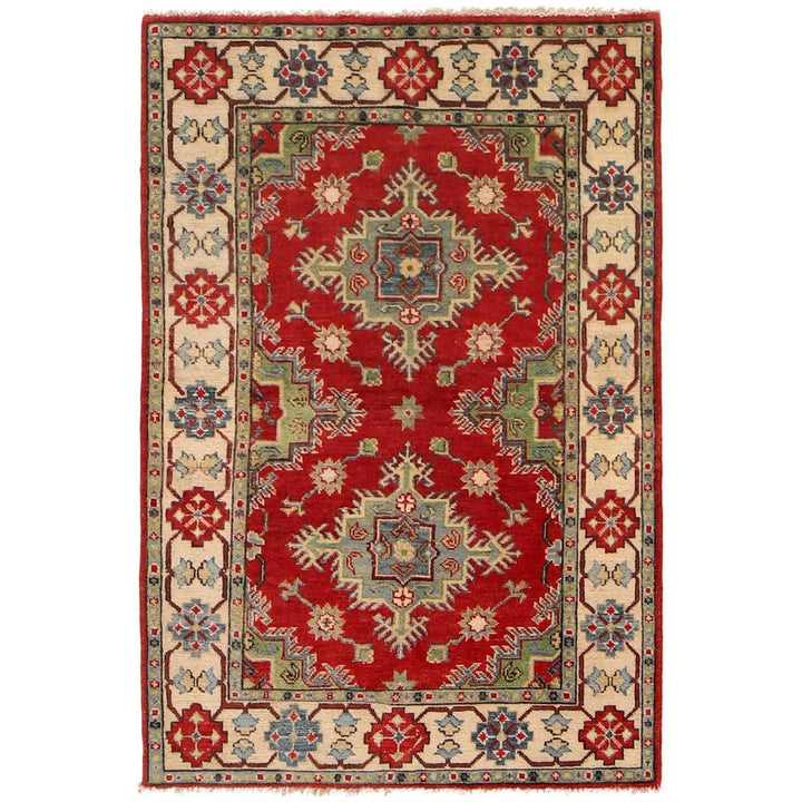 Red Afghan Kazak Rug 3' 3" x 4' 7" Hand-Knotted | No. AL37615