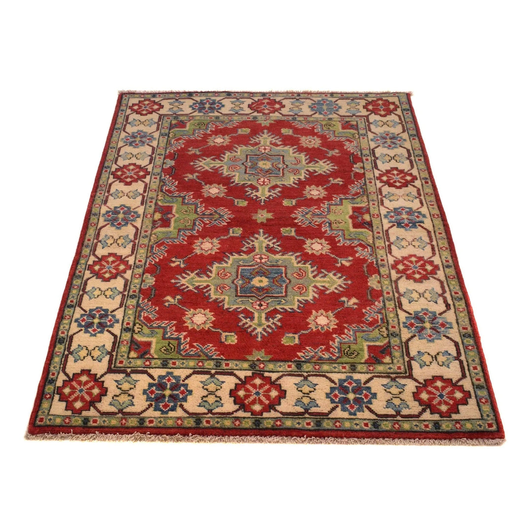 Red Afghan Kazak Rug 3' 3" x 4' 7" Hand-Knotted | No. AL37615