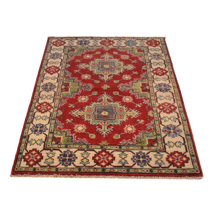 Red Afghan Kazak Rug 3' 3" x 4' 7" Hand-Knotted | No. AL37615