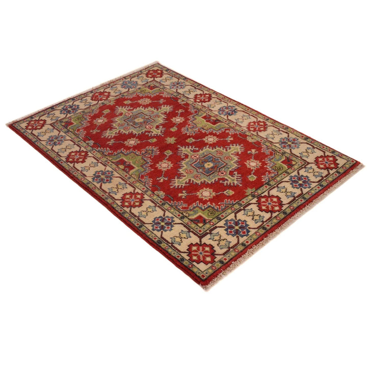 Red Afghan Kazak Rug 3' 3" x 4' 7" Hand-Knotted | No. AL37615