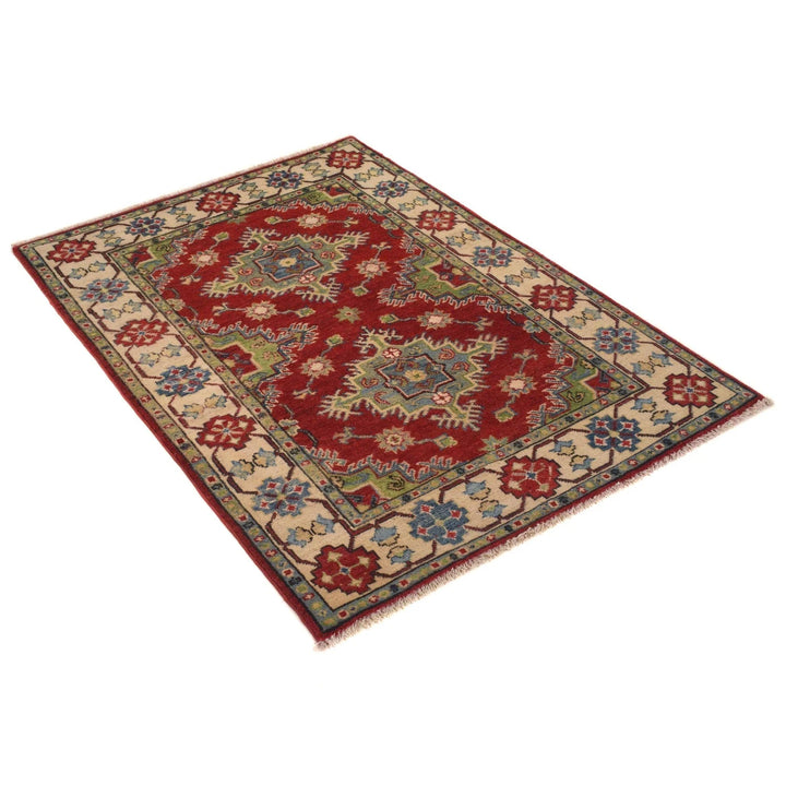 Red Afghan Kazak Rug 3' 3" x 4' 7" Hand-Knotted | No. AL37615