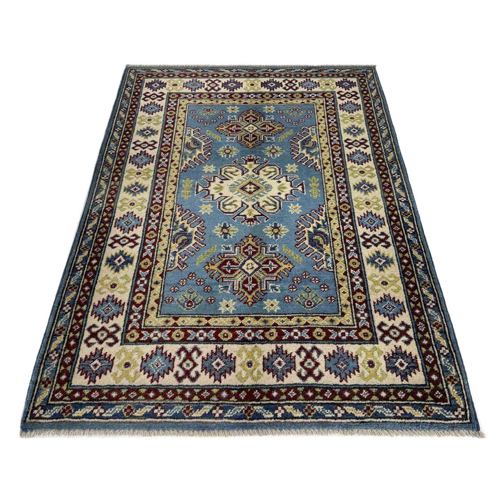 Blue Afghan Kazak Rug 3' 3" x 4' 10" Hand-Knotted | No. AL37646