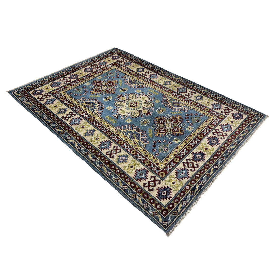 Blue Afghan Kazak Rug 3' 3" x 4' 10" Hand-Knotted | No. AL37646