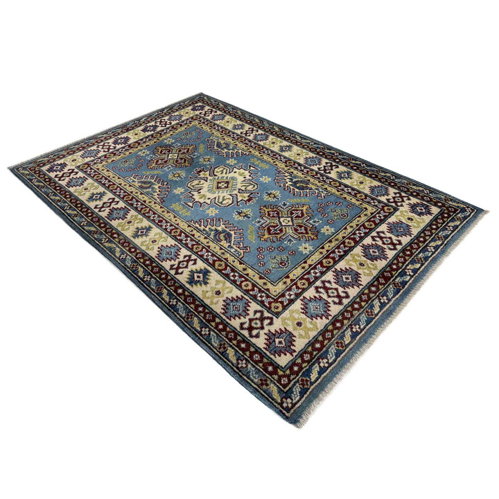Blue Afghan Kazak Rug 3' 3" x 4' 10" Hand-Knotted | No. AL37646