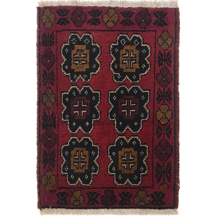 Red Afghan Oriental Doormat 1' 4" x 2' 0" Hand-Knotted | No. AL37675