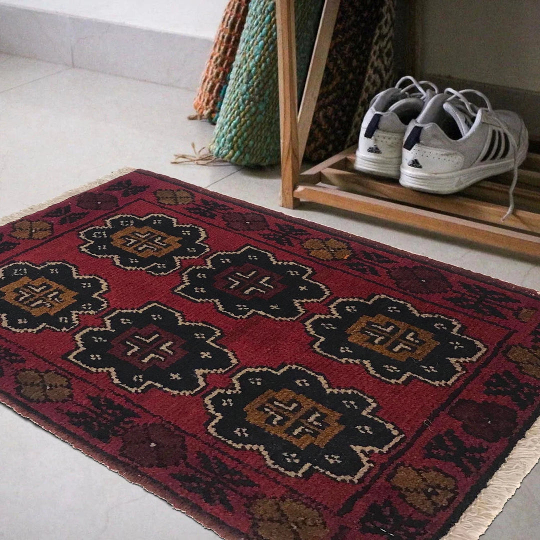 Red Afghan Oriental Doormat 1' 4" x 2' 0" Hand-Knotted | No. AL37675