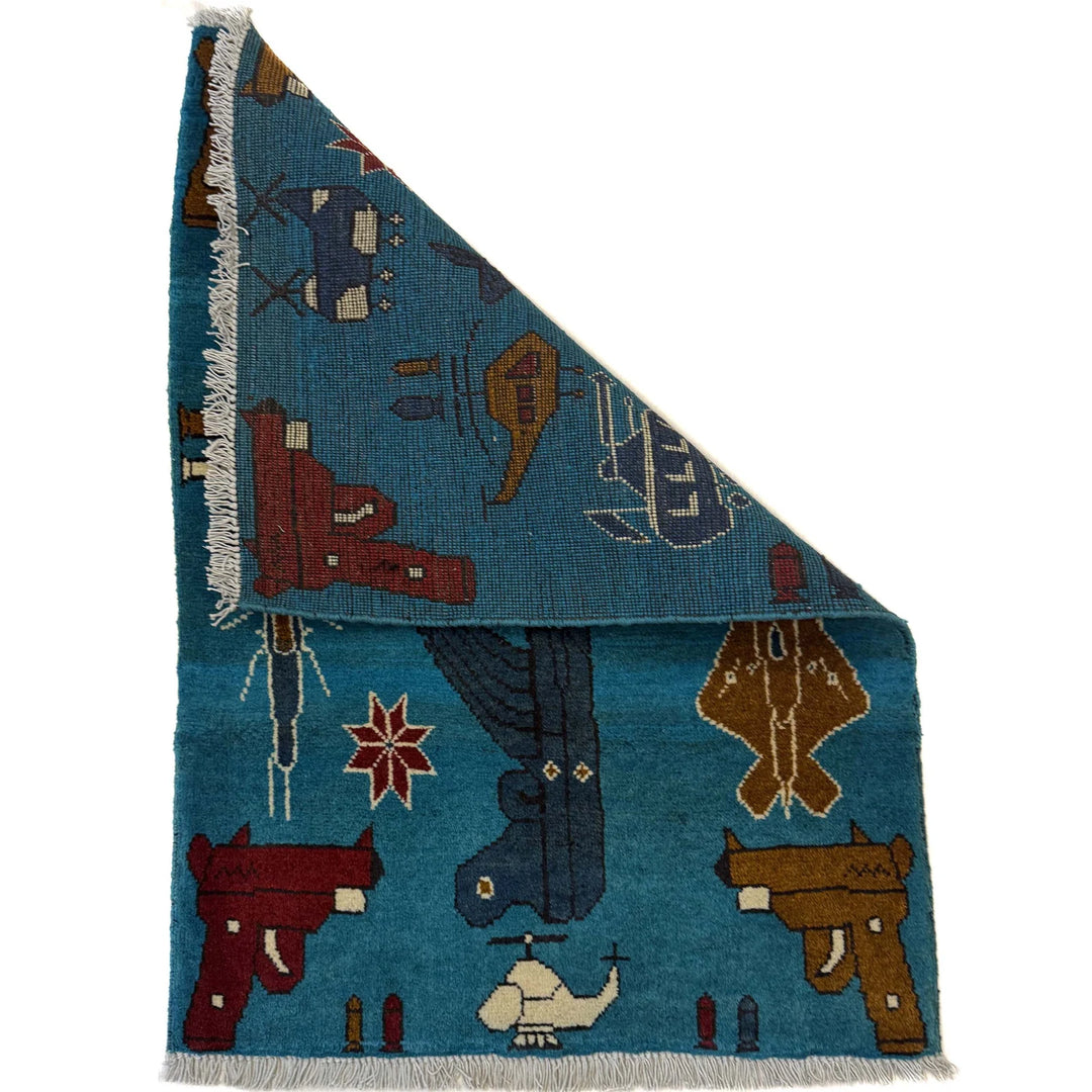Blue Afghan War Rug 2' 1" x 2' 11" Hand-Knotted | No. AL37695