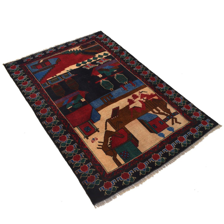 Afghan Pictorial Rug 3' 2" x 4' 9" Hand-Knotted | No. AL37720