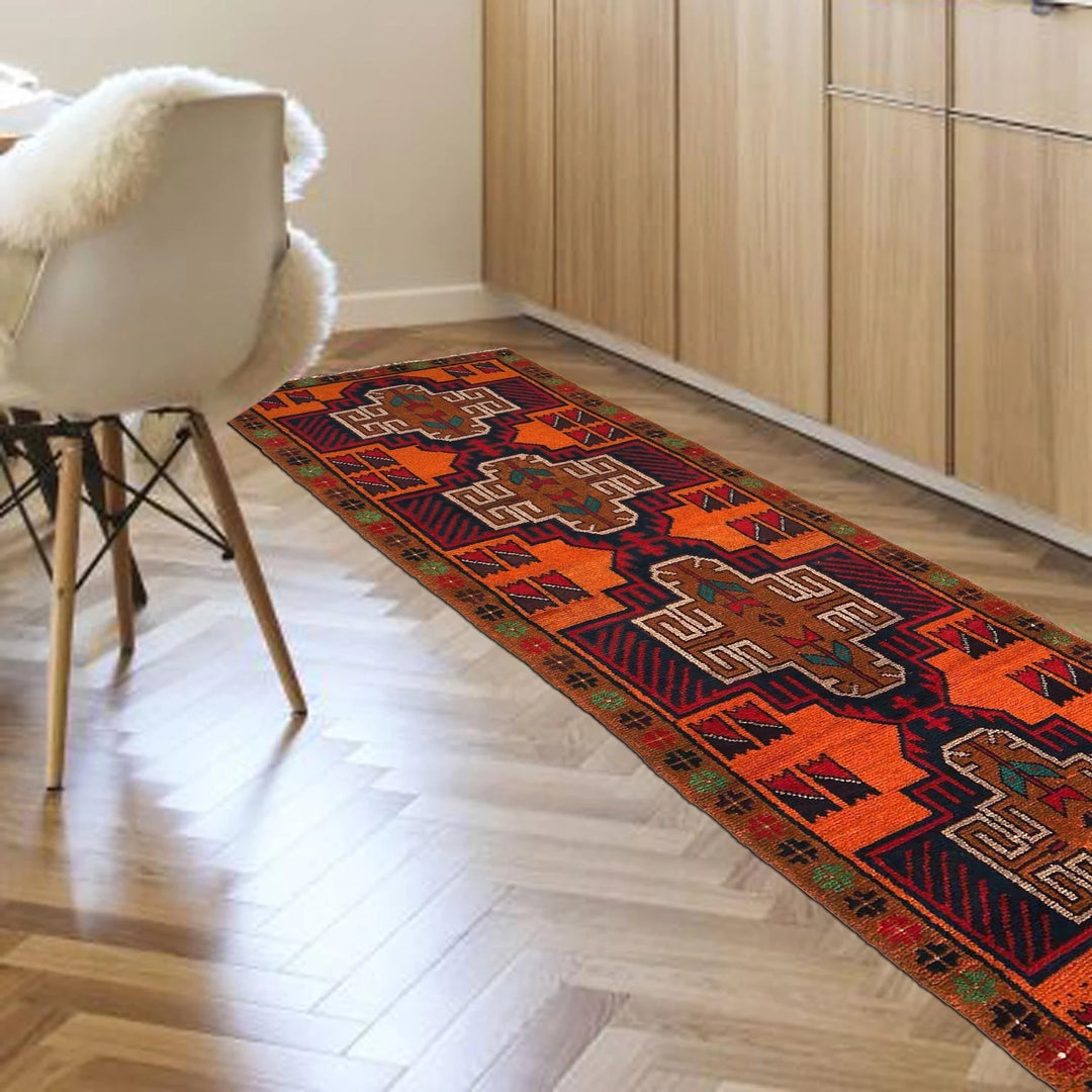 Orange Afghan Baluchi Rug 2' 2" x 8' 3" Hand-Knotted | No. AL37753