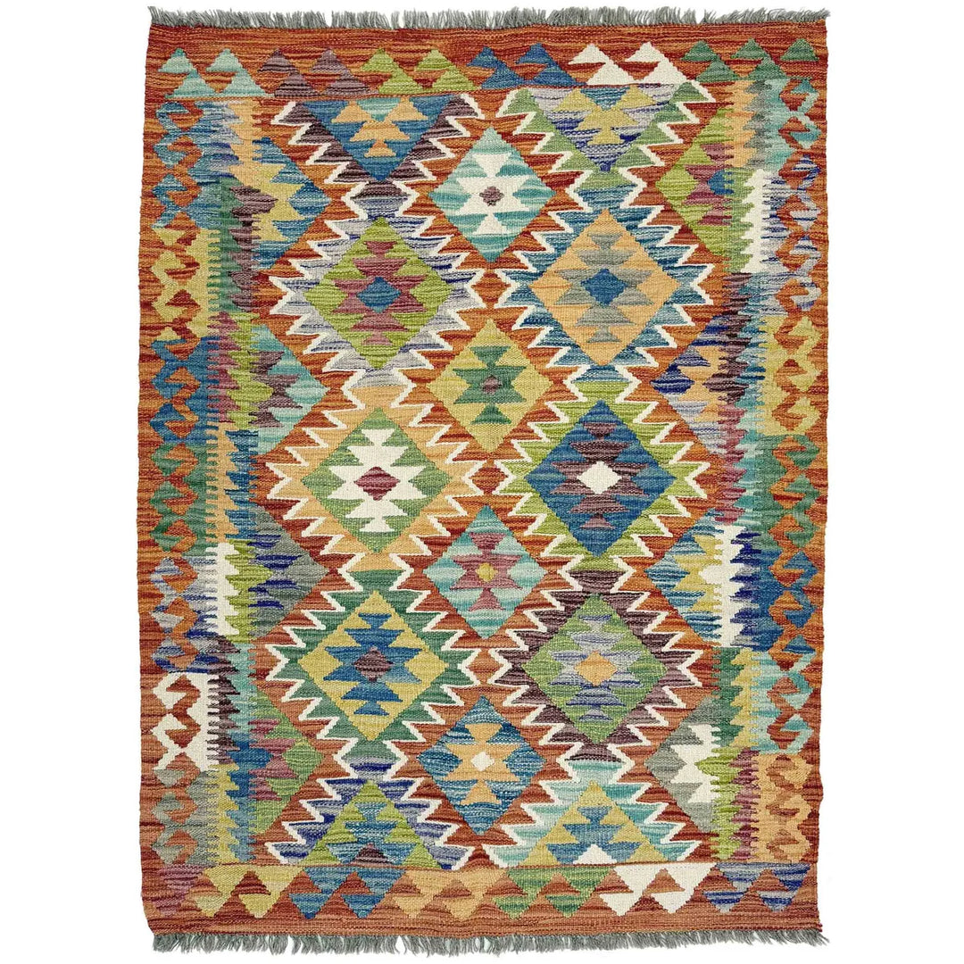 Afghan Vegetable Kilim Rug 3'7" x 4'11" Flat-Weave | No. AL377546