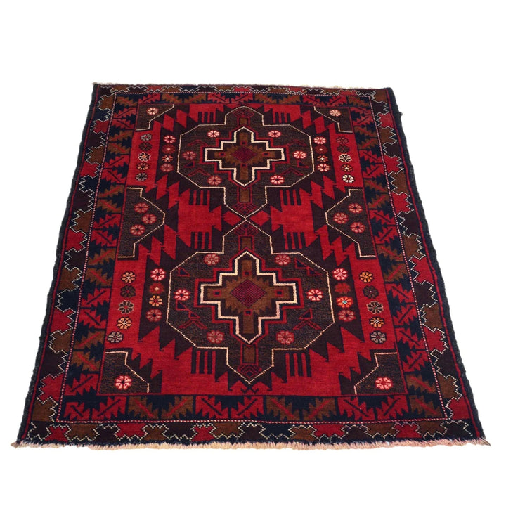 Red Afghan Baluchi Rug 2' 11" x 4' 8" Hand-Knotted | No. AL37760